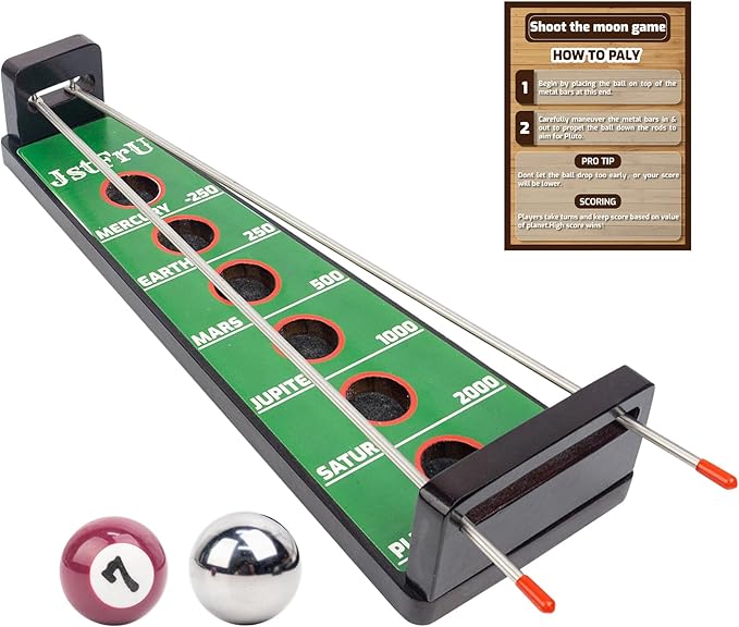 Shoot The Moon Game Large 17.5 inchesClassic Desktop Games Solid Wood Board with Metal Ball and Rods Billiard StyleRetro Balancing Game for Family and Bar (Green)
