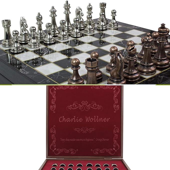 8 Inches Personalized Chess Set - Boxed Custom Chess Board and Metal Chess Figures Set - Gift Idea for Son Husband Father and Anyone for Birthday Anniversary and Any Occasion
