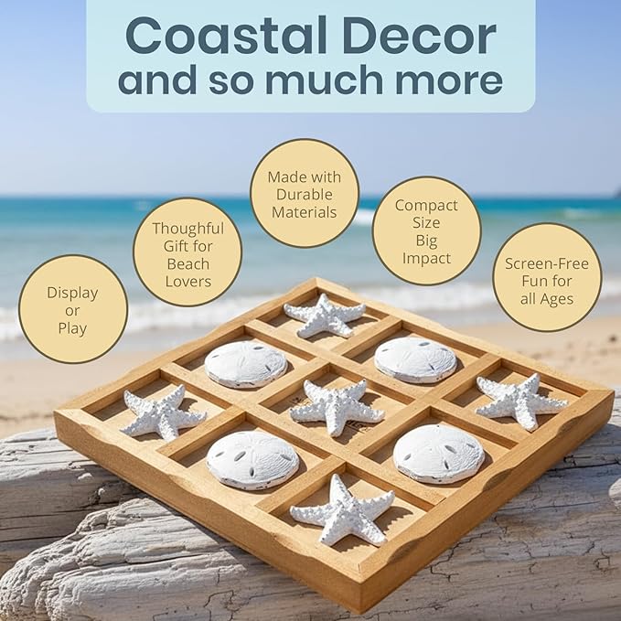 Starfish Tic Tac Toe Game - 9 x 9 - Beach Tic Tac Toe Game - Coastal Beach House Coffee Table Game Board - Tic Tac Toe Decor - Beach House Games - White Starfish &amp Sand Dollars