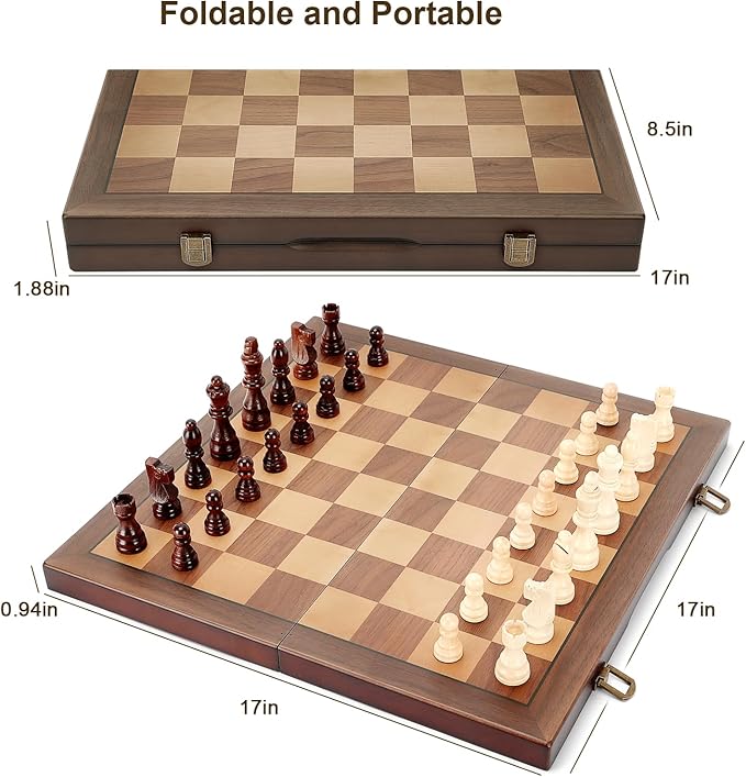 Magnetic Wooden Chess Set for Adults Kids 17'' Chess Board with Handmade Pieces Folding Portable Travel Unique Chess Sets Game for Tournament Professional Beginner