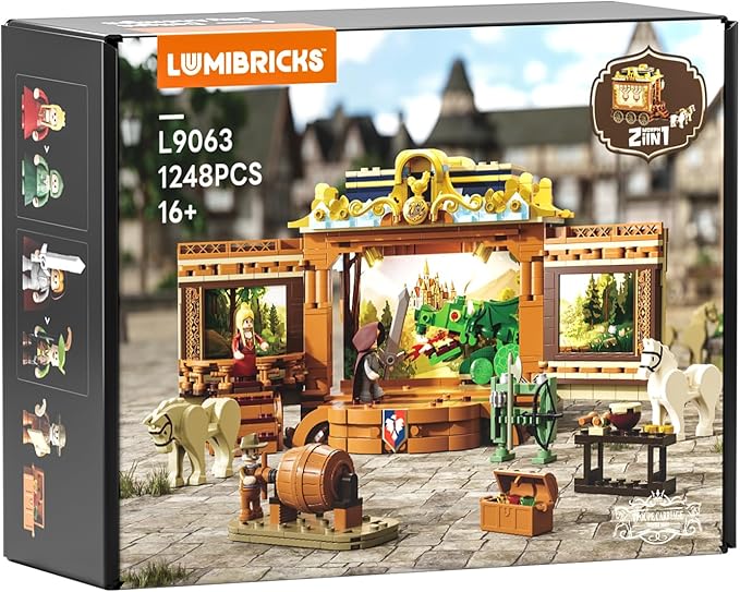 Medieval Troupe Carriage Lighting Building Bricks Set - Middle Ages City Town Playset Multi-Form Modular Collection Display Kit with Minifigures 1248 Pcs for Adults &amp Teens