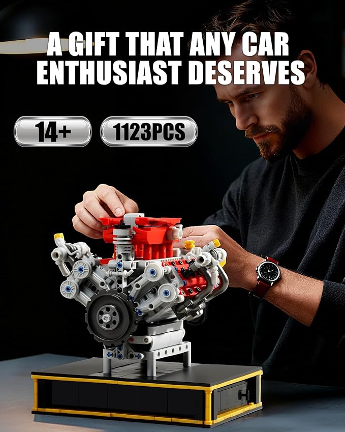 Mini V8 Engine Kits That Runs Build Your Own V8 Engine Building Set with Motor and Battery STEM Physical Science Educational Toy for Adults Kids Age 14+ (1123PCS)