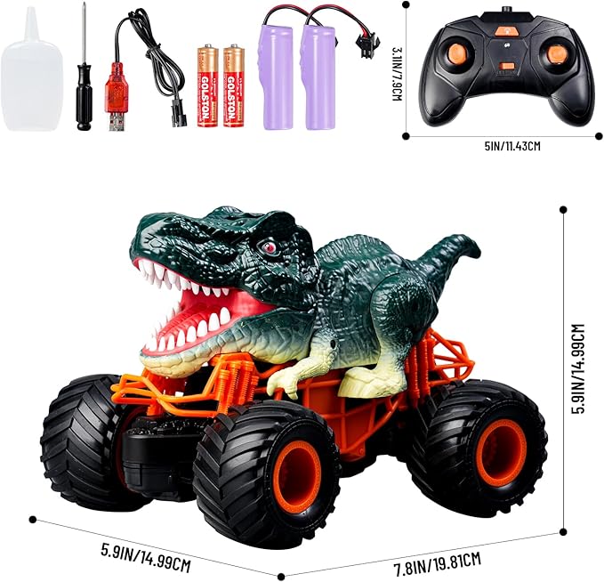 Dinosaur Monster Truck Toys - Remote Control Dinosaur Car 2.4Ghz RC Truck with Lights Music &amp Spray - Electric Hobby RC Cars for Toddlers - Birthday Gift for Kids Boys Girls Ages 3-8 (Green)