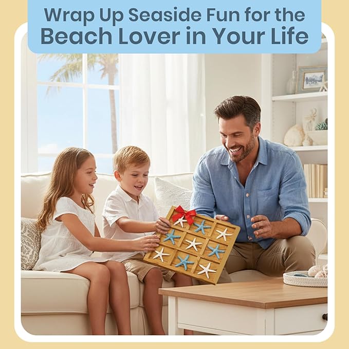 Tic-Tac-Toe Beach Decor | 9 x 9 | Perfect for Beach Décor | Plus Free Nautical eBook by Joseph Rains (Blue &amp White Starfish)