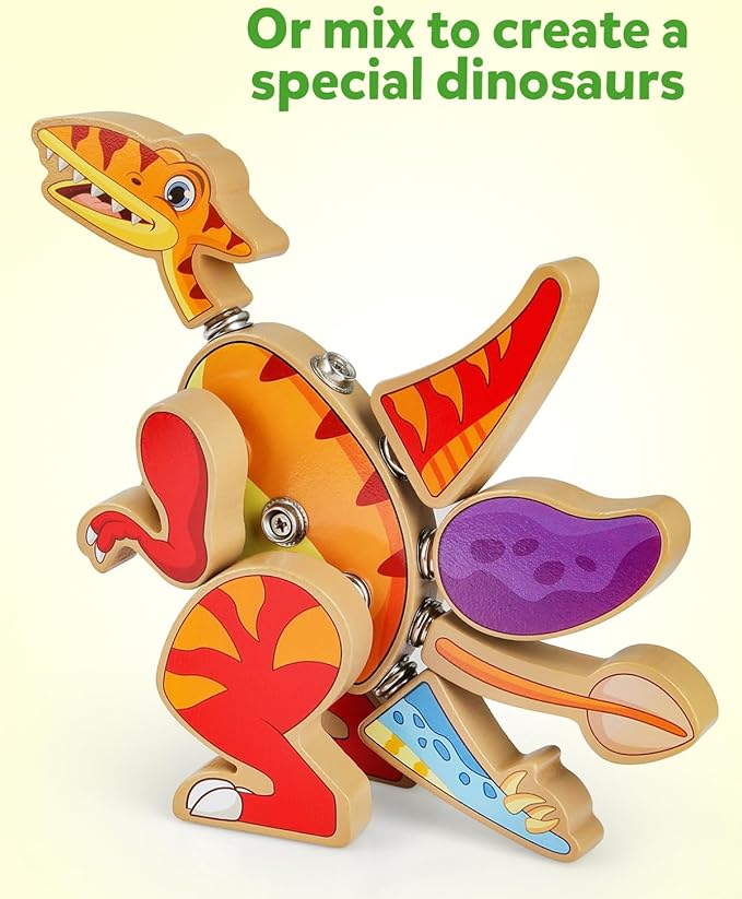 Coogam Dinosaur Snap Together Building Toys Wooden Take Apart Dinosaur Playset STEM Montessori Educational Fine Motor Skill Toy Gift for 3 4 5 Years Old Kids