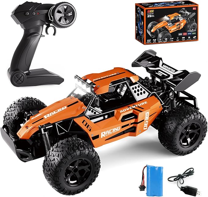 RC Monster Truck for Kids Ages 4–8 1:12 Remote Control Car with Alloy Shell 15.5 MPH (25KM/H) Fast Off Road Orange RC Car with 2 Speed Modes &amp LED Lights 2.4GHz Easy Control Toy Gift for Boys