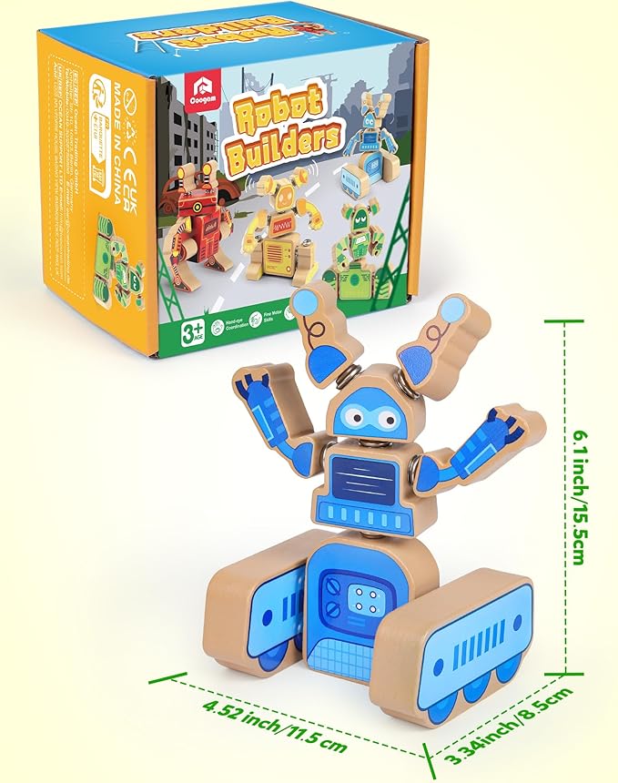 Coogam Fine Motor Building Robot Blocks for 3 4 5 Years Old Kids Wooden Snap Together Builders STEM Take Apart Robot Playset Educational Learning Toy Gift for Boys Girls