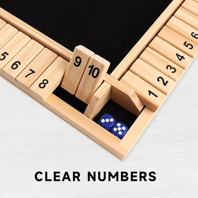 GSE Games &amp Sports Expert 1-4 Player Wooden Shut The Box Dice Board Game with 8 Dice. 4-Way 10 Numbered Shut The Box Set of Popular English Pub Board Game - Natural Wood