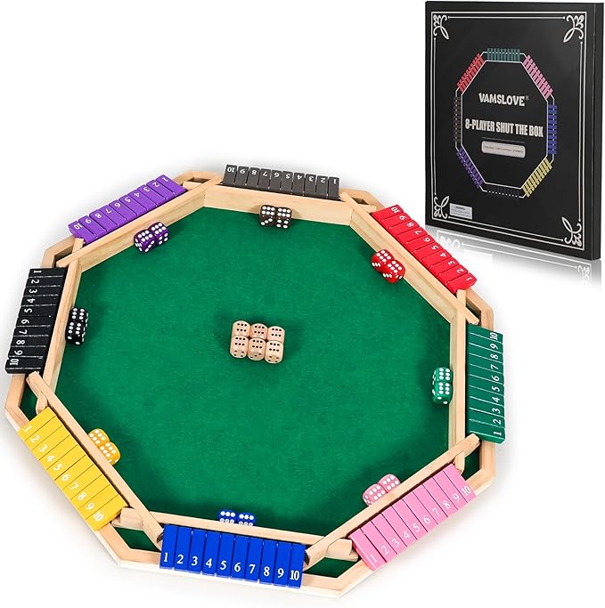 Vamslove Upgraded 2-8 Players Shut The Box Dice Game-Colorful 8-Way Wooden Board Table Math Game with 16 +6 Dices - Close The Box for Kids Adults Families Party Club (Instruction Included)