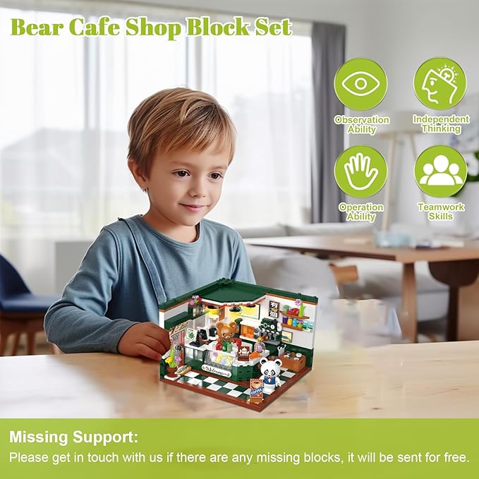 Friends House Building Block Set Bear Cafe Shop Business City View Small Brick Model Mini Construction Toy Hobbies Christmas Birthday Gift for Teens Children Kids Boys Girls 6+ 527pcs