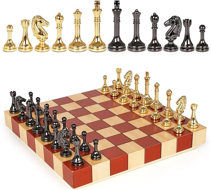 Metal Chess Set for Adults &amp Kids with Metal Chess Pieces –Wooden Chess Board Game with Portable Storage Case Classic Strategy Family Board Game Gift Travel Chess Set