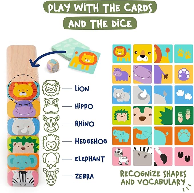 Nene Toys Wooden Block Stacking Game – 4-in-1 Tumble Tower Family Board Game with Building Blocks Cards and Dice – African Safari Educational Wooden Toy for Kids 3-9 Years Old About Animals
