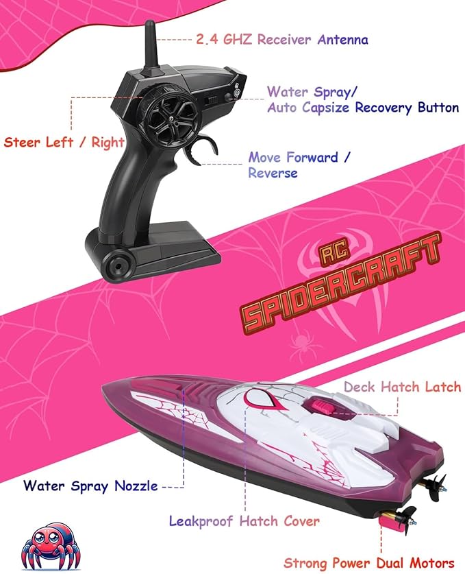 Spider Hero RC Boat 2.4GHz Remote Control Boat with LED Lights for Kids Pool Toy with 2 Rechargeable Batteries Spray Function and Low Battery Alarm for Boys &amp Girls (Spider Girl)