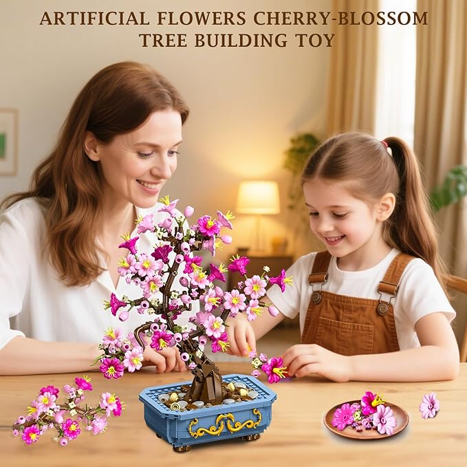 HOGOKIDS Flowers Cherry-Blossom Bonsai Building Set - 2 in 1 Artificial Bonsai Tree Plants for Home Decor &amp Display Cherry Botanical Building Blocks Birthday Easter Gift for Adults Teens (775PCS)