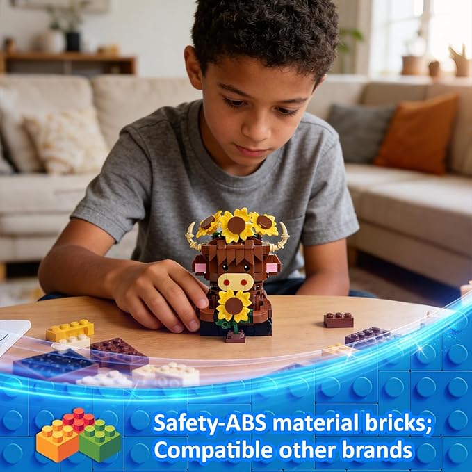 Highland Cow Building Blocks Set Collectible Animal Building Toy Creative Scottish Cow Sunflower Brick Set for Adults &amp Kids (Age 3+) DIY Home Office Decor STEM Education-Gift Ideas