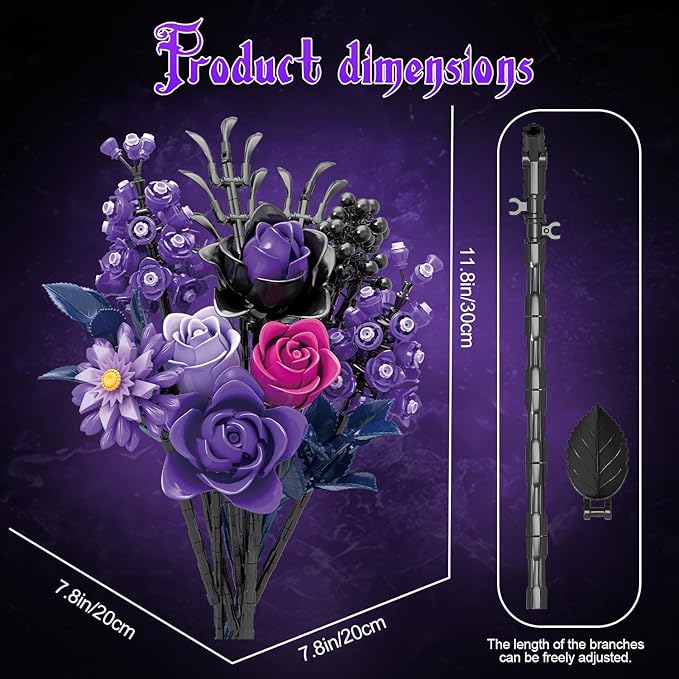 Gohero Purple Roses Building Blocks Set (822PCS) - Lego Compatible Flowers for Adults Gothic Home Decor for Women &amp Teen Girls Making It an Ideal Gift for Halloween Valentine's Day.