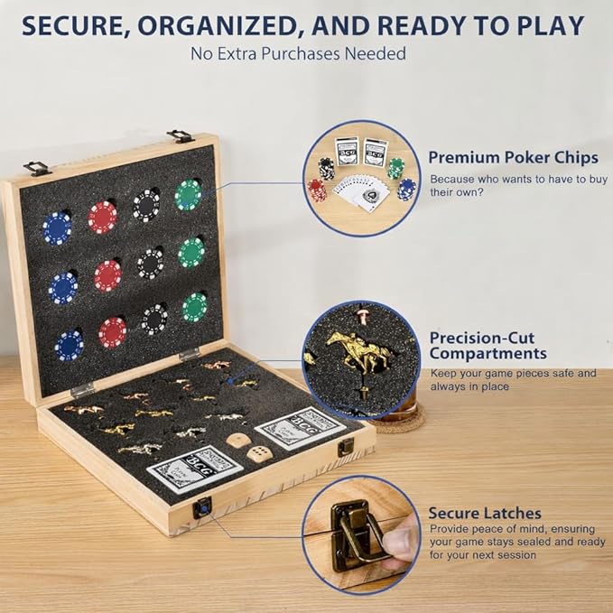 Horse Racing Board Game - 23x12 - Derby Classic Horse Race Game with 11 Metal Horses - Foldable Wood Horse Game with Dice Premium Chips &amp 2 Packs of Cards - Natural Wood