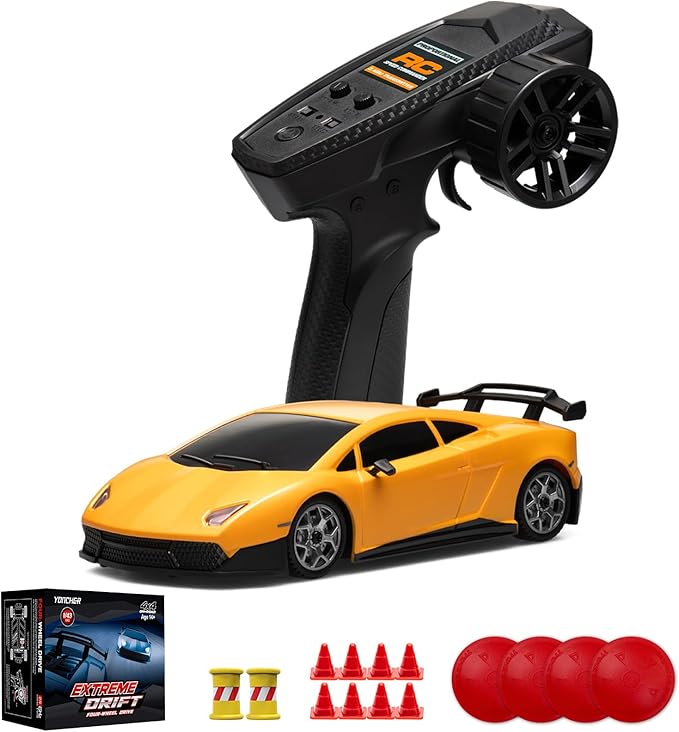 YONCHER Mini RC Drift Car with Gyro 1:43 4WD Full Proportional Remote Control Car Professional High Speed Drift RC Cars with Turn Signal Lights Racing Toy for Adults Kids Boys Yellow
