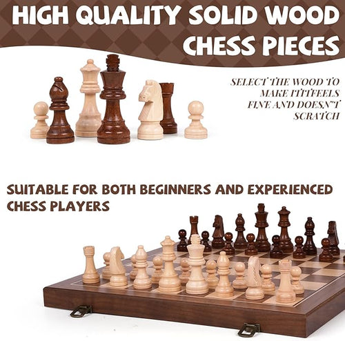 15 Inch Magnetic Wooden Chess Set with Storage Folding Chess Board Game with Strong Magnets Tournament Size 3 Inch King 2 Extra Queens Portable Travel Chess Set for Adults &amp Kids