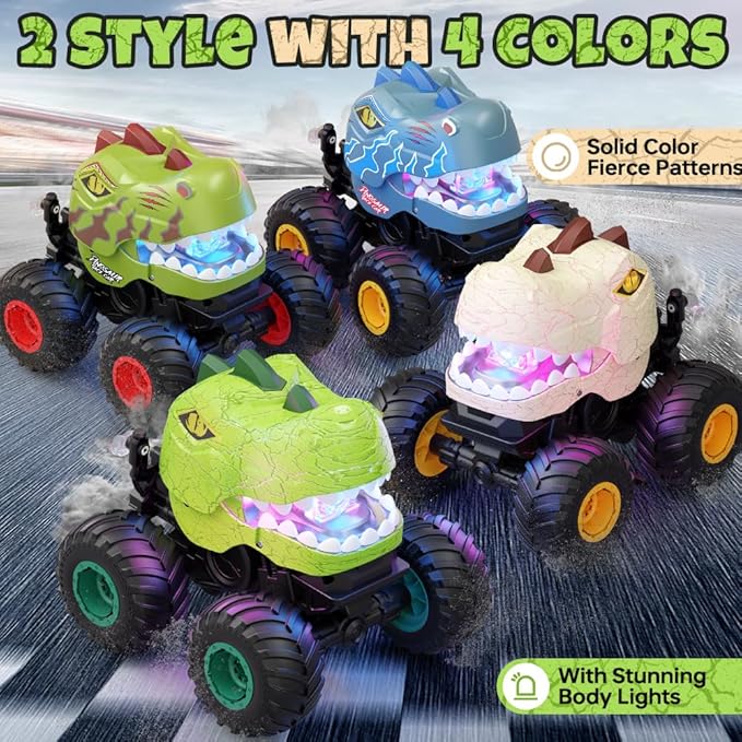 Remote Control Car for Boys Age 4-7 8-12 50min+ Runtime Dinosaur Monster Truck Toy with Spray Light Music Stunts Birthday Gift for Boy 3 4 5 6 7 8 9 10 Year Old
