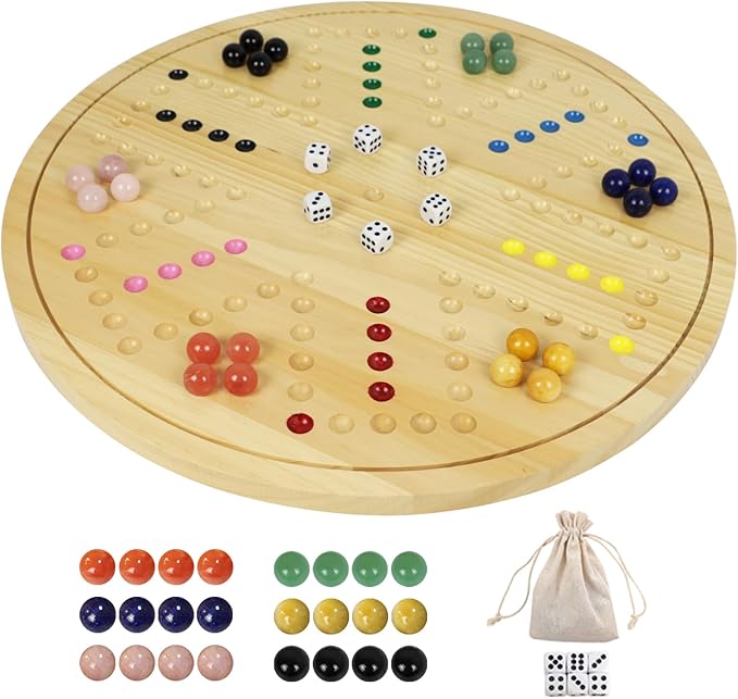 HOROW Wahoo Board Game - 20 Inch Solid Wood Board with 24 Natural Gemstone Marbles &amp 6 DiceDouble-Sided for 4 and 6 Players - Perfect for Family Game Nights and Parties