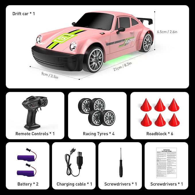 Remote Control Car RC Drift Car 2.4GHz 1:20 Scale 4WD 20KM/H High Speed Remote Control Cars Vehicle with LED Lights Drifting Tire 2Pcs Rechargeable Batteries Toy Cars for Adults Boys Girls (Pink)