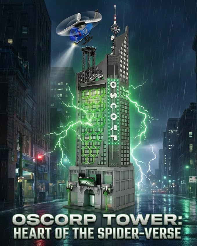 Spider Oscorp Tower Building Set for Adults - 40 Inch Tall Hero Tower Modular Building with Light &amp Helicopter Movie Daily House Architecture Gift for Christmas Collectors (6375 Pcs)