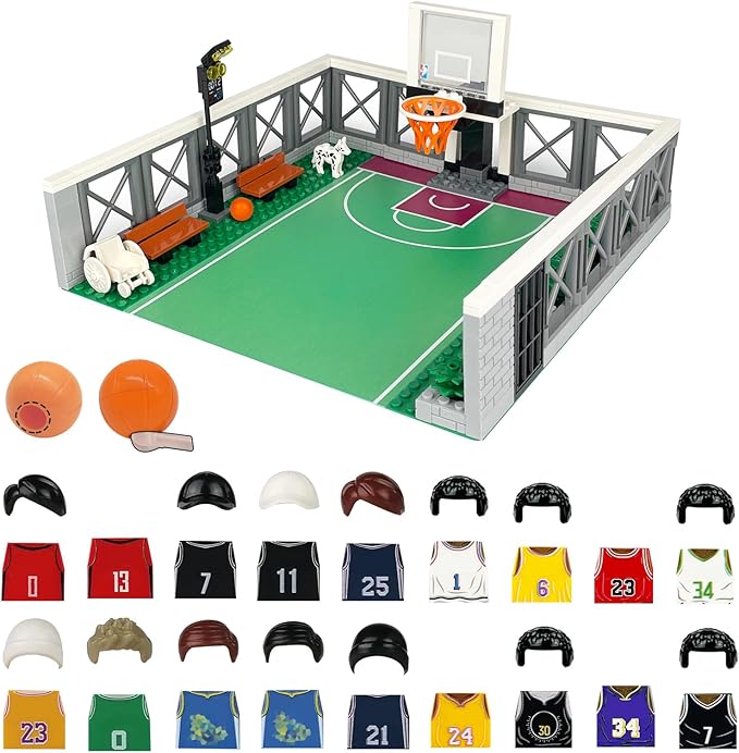 Basketball Court Building Block Set with 18 Sport Figures Compatible with Lego 853792 Accessory Basketball Accessory with Solt Can Be Held Bench Hoop for Basketball Fans