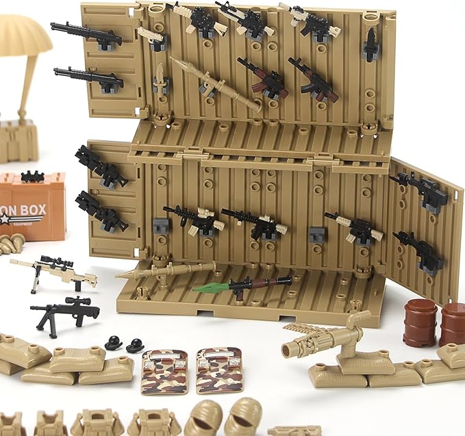 Military Weapons Pack with Shipping Cargo Container Army Equipment Helmet Armor 325Pcs Various of Military Accessories Building Block Toy Compatible with Major Brands Soldier Figures (Desert Tan)