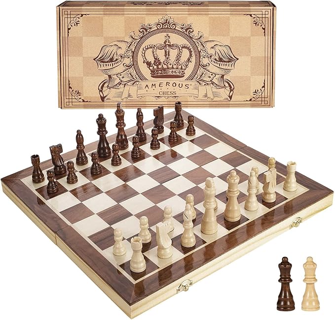 AMEROUS 15 Inches Magnetic Wooden Chess Set - 2 Extra Queens - Folding Board - Pieces Storage Slots Handmade Portable Travel Chess Game - Beginner Chess Set for Kids 6 up Age