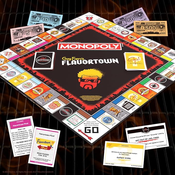 Monopoly: Flavortown Board Game Featuring '68 Chevy Camaro Knuckle Sandwich Coin and More Buy Sell Trade Guy Fieri’s Restaurants Build Your Own Culinary Empire Officially Licensed Merchandise