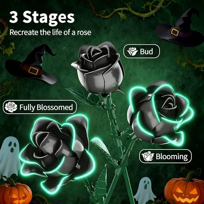 Black Rose Bouquet Building Set 12 Compatible with Lego Flowers for Daughter DIY Roses Building Blocks Gothic Artificial Everlasting Flowers Room Decoration &amp Gift for Halloween