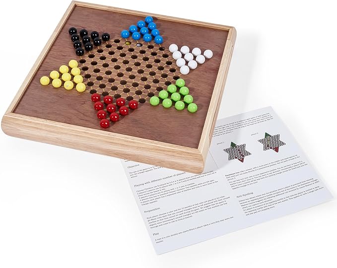 VAMSLOVE 13 Chess Chinese Checkers 2 in 1 Wooden Board Game Set with Pieces Storage Drawer - 2 Extra Queens Bonus Marbles for Birthday Gift (Instructions Included)