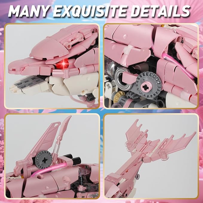 Mechanical Pink Dolphin Building Blocks Linkage Kit Sea Animal Model with Lighting Display Stand STEM Power Toy DIY Desktop Ornament for Kids &amp Adults Ages 12+ Birthday Gift Idea 888pcs