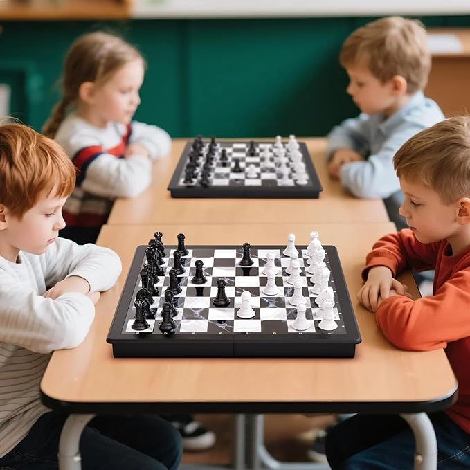 2-in-1 Chess Set and Magnetic Checkers Set - Foldable 13-inch Travel Board Game Durable Plastic Puzzle and Strategy Toys for Kids and Adults