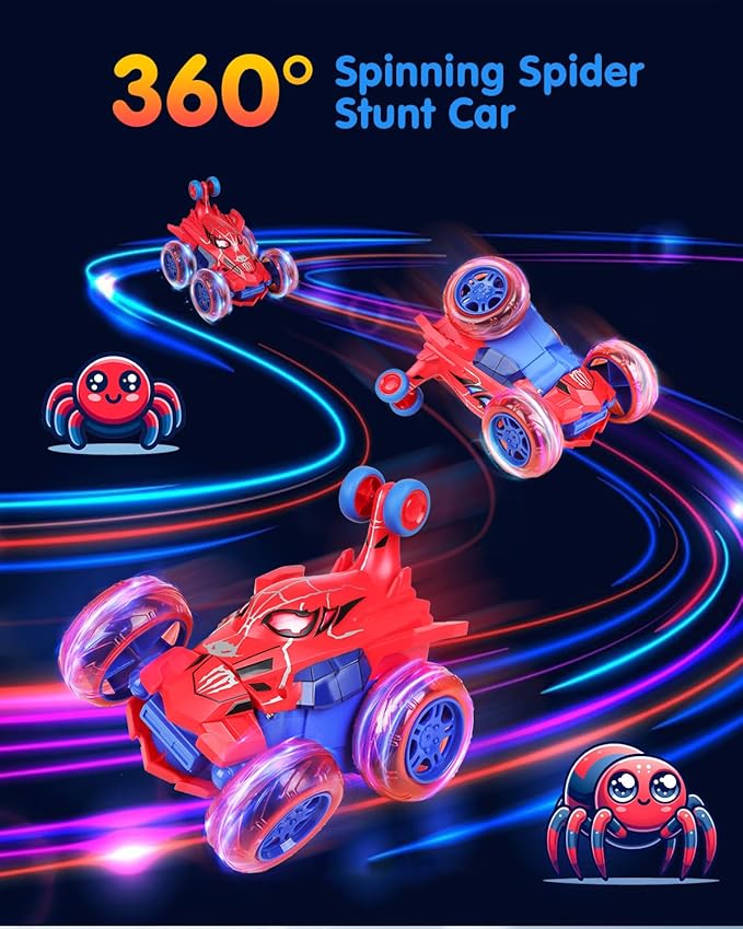 Spider RC Car for Kids – 4WD Remote Control Stunt Car with 360° Flip Fast Monster Crawler Toy with Light-Up Wheels – Rechargeable RC Vehicle Gift for Boys Ages 3-12