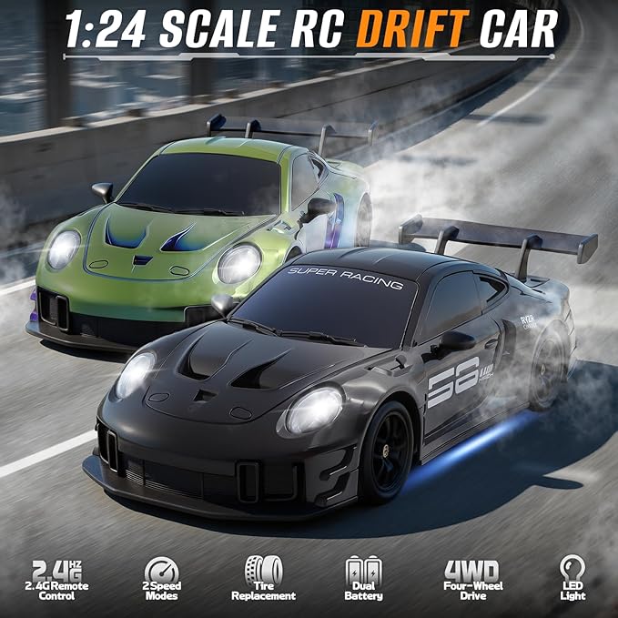 RC Drift Car 1:24 4WD Remote Control Cars Vehicle with LED Light2.4GHz 20KM/H High Speed RC Cars with Two Batteries &amp Drifting Tires Racing Sport Toy for Adults Boys Girls Kids Black