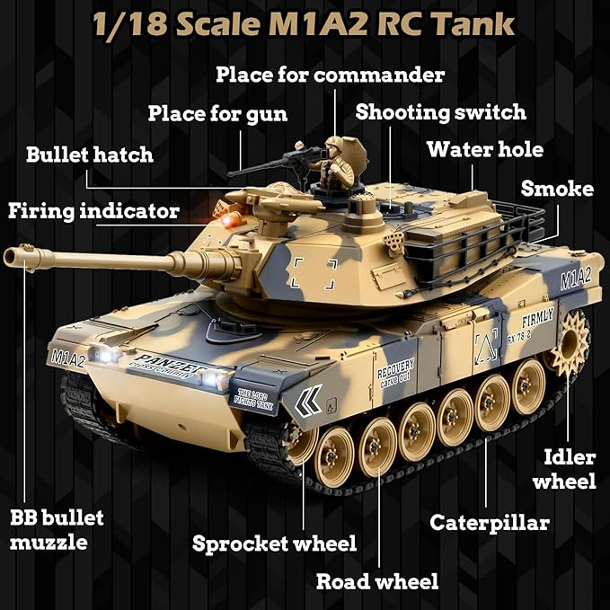 1/18 US M1A2 Army Tank 2.4GHz Remote Control Model Toys Smoke &amp Sound &amp LED Lights &amp Recoil Effects. RC Tank Perfect Collectible6+ Gift Kids and Adults