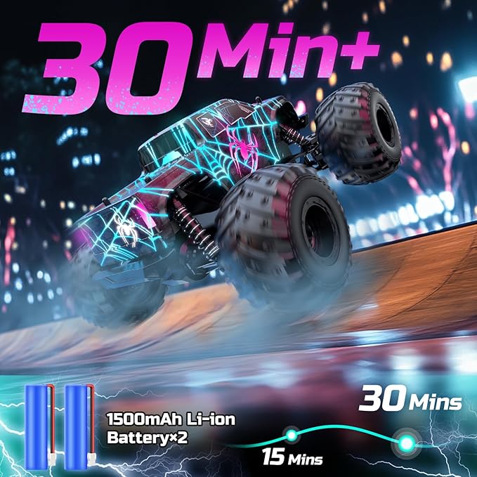 DEERC 1/16 Glowing Spider Remote Control Car - Fast RC Cars W/2 Rechargeable Batteries for 40 Min Play All Terrain Off-Road Monster Truck Toys for Boys Kids Age 4-7 8-12 Birthday Xmas Gift