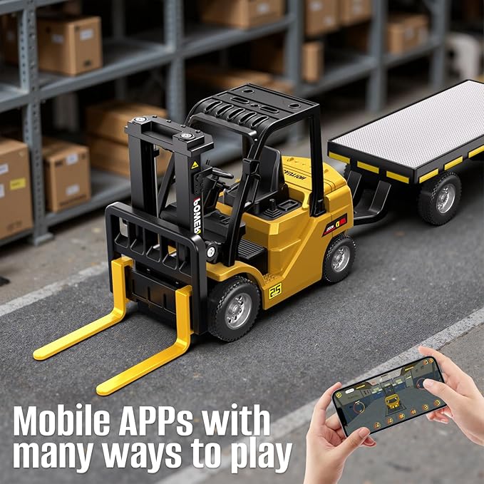 1/64 Full Proportional RC Forklift Toy10 Channel 2 Mode Mini Remote Control Forklift Truck with Flatbed Tow Truck 3 in 1 Transformable Lift Fork &amp Hook &amp Trailer with Lights &amp Sounds for