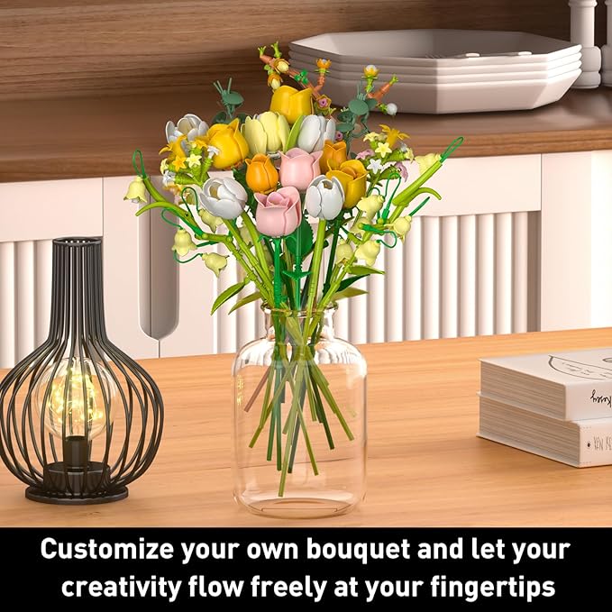 Tulip Rose Flowers Bouquet Building Set - Valentines Gifts Compatible with Lego Flowers Botanical Collection - Christmas Mother's Day &amp Valentine's Gifts for Women &amp Girls Home Decor