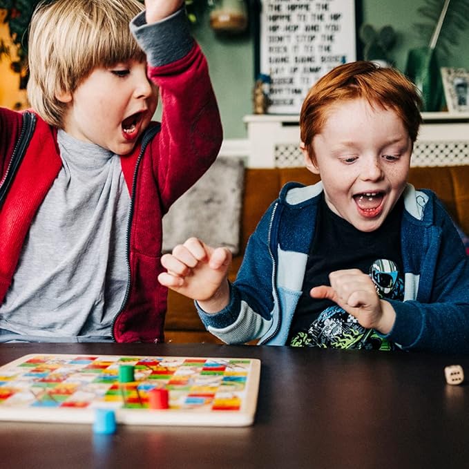 Bigjigs Toys Traditional Snakes and Ladders Game | 4 Player Wooden Board with Counters &amp Dice | Family Toy for Kids &amp Adults | Educational Tool for 3+ Year Old Children | Classic