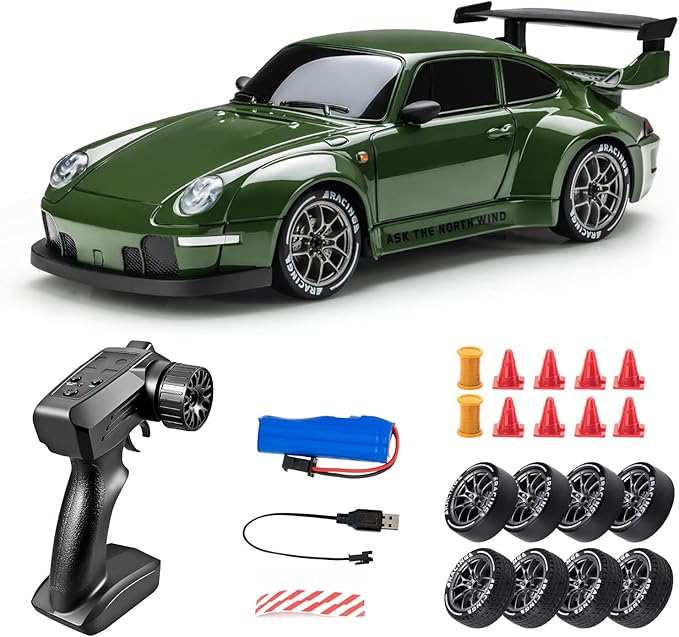 High Speed 1:24 4WD RC Drift Car with Proportional 2.4G Remote Control Dual Tire Configuration and LED Light Racing Vehicle Model for Adults Enthusiasts– Olive Green