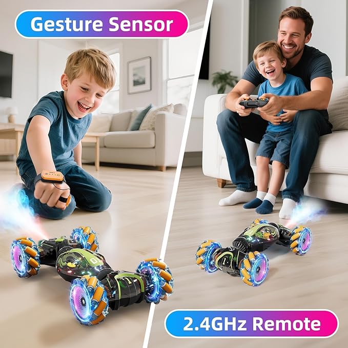 Gigilli Gesture Sensing RC Stunt Car with Spray Music Lights Remote Control Car Boys Toys Age 5-7 6-8 9 10 11 12 Birthday Easter Gifts Boys for Kids Grandkids Ages 4 7 13 Years Old 4WD Twist Drift