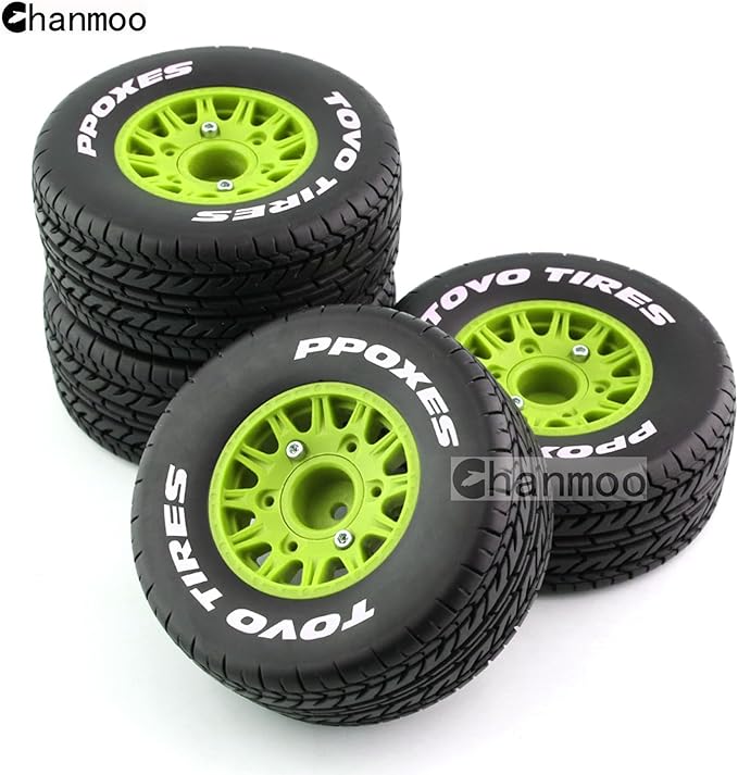1/10 RC Short Course Truck Tires And Wheels With 12mm 14mm 17mm Hex 113mm 1/8 Rubber Tyres For 1/8 or 1/10 Scale On Road Car HSP Sonic 94102 GT PTG-2 Tamiya TT02 RC Racing Car 4PCS (Green A)
