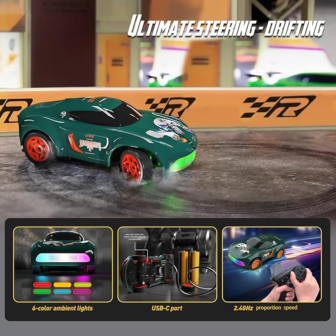 Mini RC Drift Car for Adults 1/64 Desktop Drift Car with Colorful Lights Desk Remote Control Cars for Race Hobby Gifts and Toys (Matte Green Concept Model)