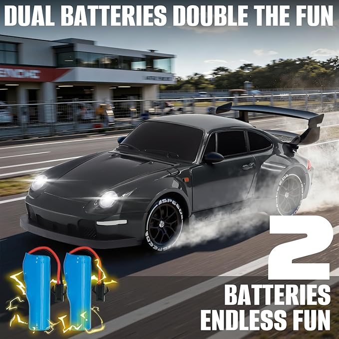 RC Drift Car1:24 Scale Remote Control Car 2.4GHz 20KM/H 4WD High Speed RC Cars for Kids with LED Light Two BatteriesDrifting TiresRacing Vehicle Toy for Adults Boys Girls Gray
