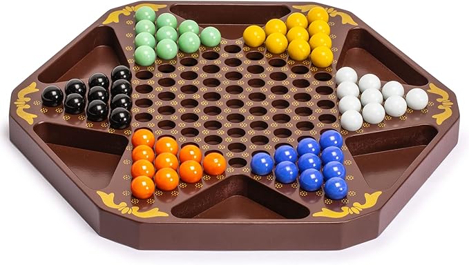 Yellow Mountain Imports Classic Chinese Checkers Halma Board Game Set with Storage 12.6-inch Wooden Board and Solid Color 16-Millimeter Glass Marbles