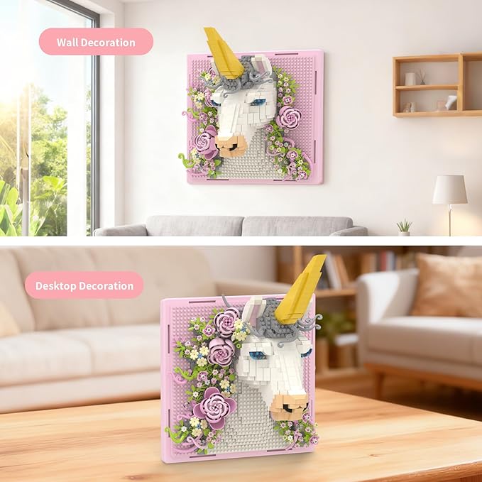 Pink Flowers Unicorn Animal 3D Wall Art Micro Mini Building Blocks Set Unique Home Wall Decor or Table Display No Compatible with Lego Ideal Gift Toy for Adults &amp Boys Girls 14+ (1349 PCS)