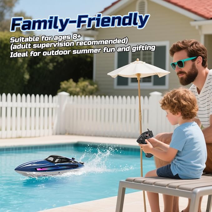 RC Boats for Adults Remote Control Boat for Pools and Lakes WF17 25+ KMH Fast RC Speed Boat with 7 LED Light Modes for Kids 8-12 Summer Toys for Boys Girls 2 Batteries for 30-40 Mins Blue